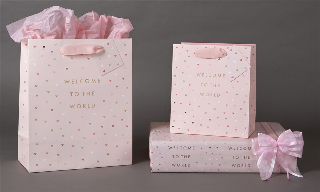 Large Gift Bag Welcome to the World Pink with Gift Tag