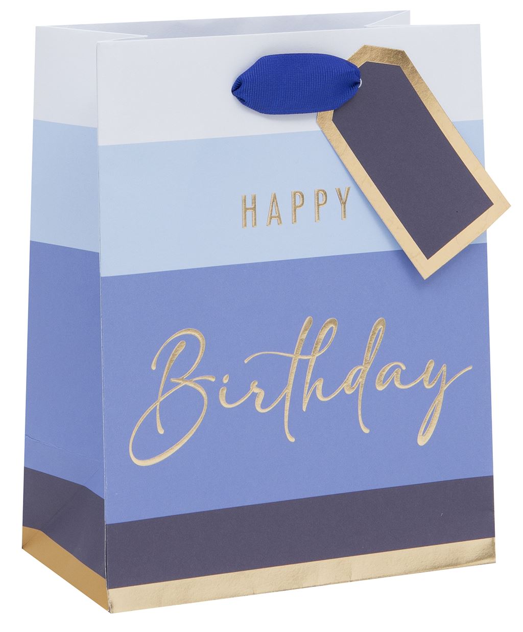 Medium Gift Bag Birthday Blue Stripe with Gift Tag