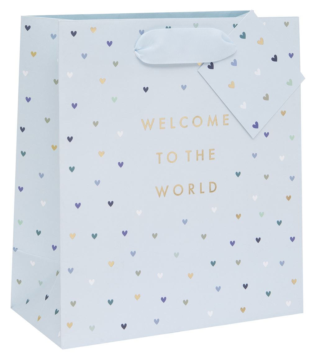 Medium Gift Bag Welcome to the World Blue with Gift Tag