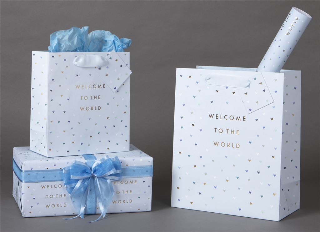 Medium Gift Bag Welcome to the World Blue with Gift Tag