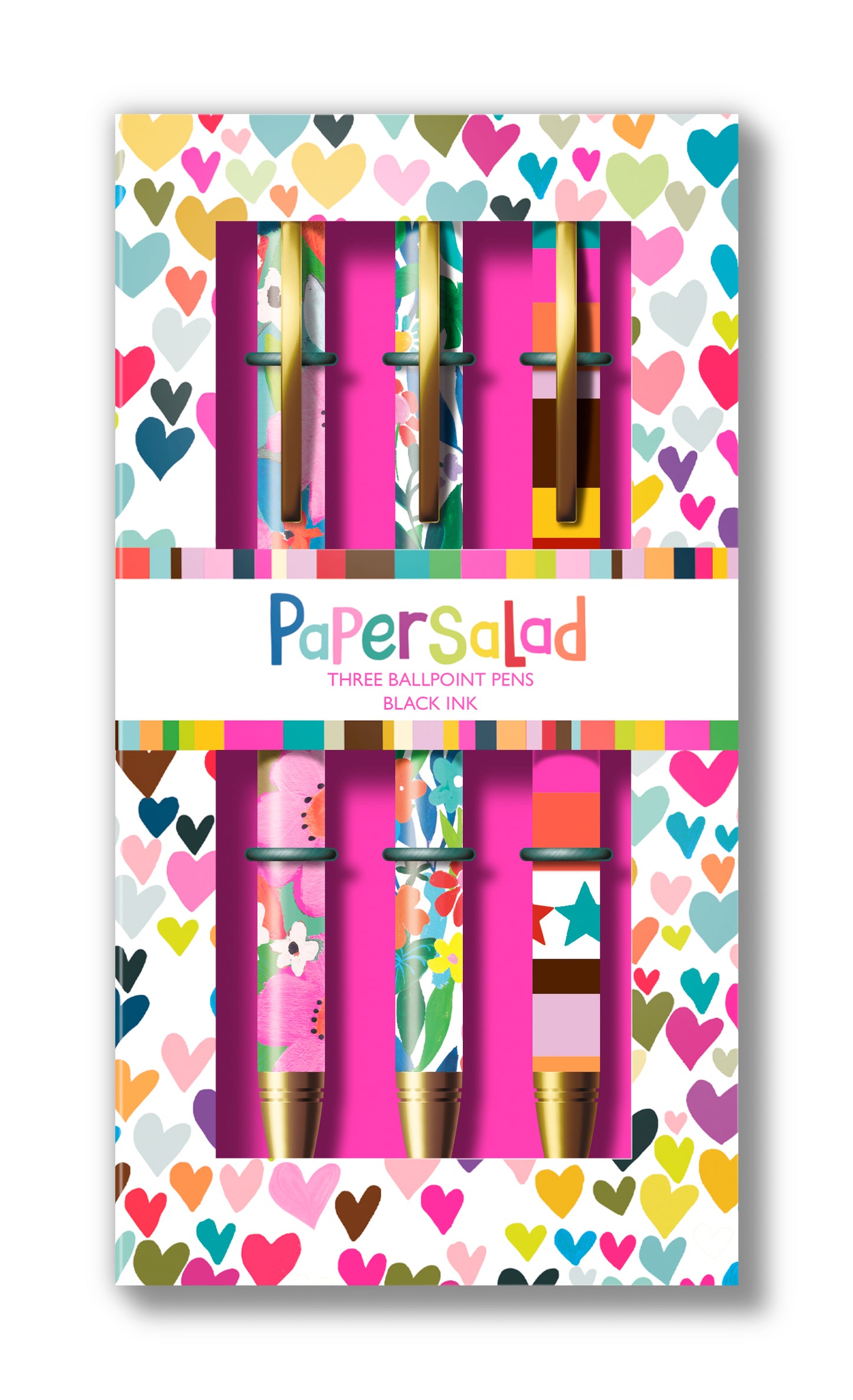 Paper Salad Ballpoint Pen Set – 3 Black Ink Pens with Colourful Floral & Star Designs | Gift-Boxed