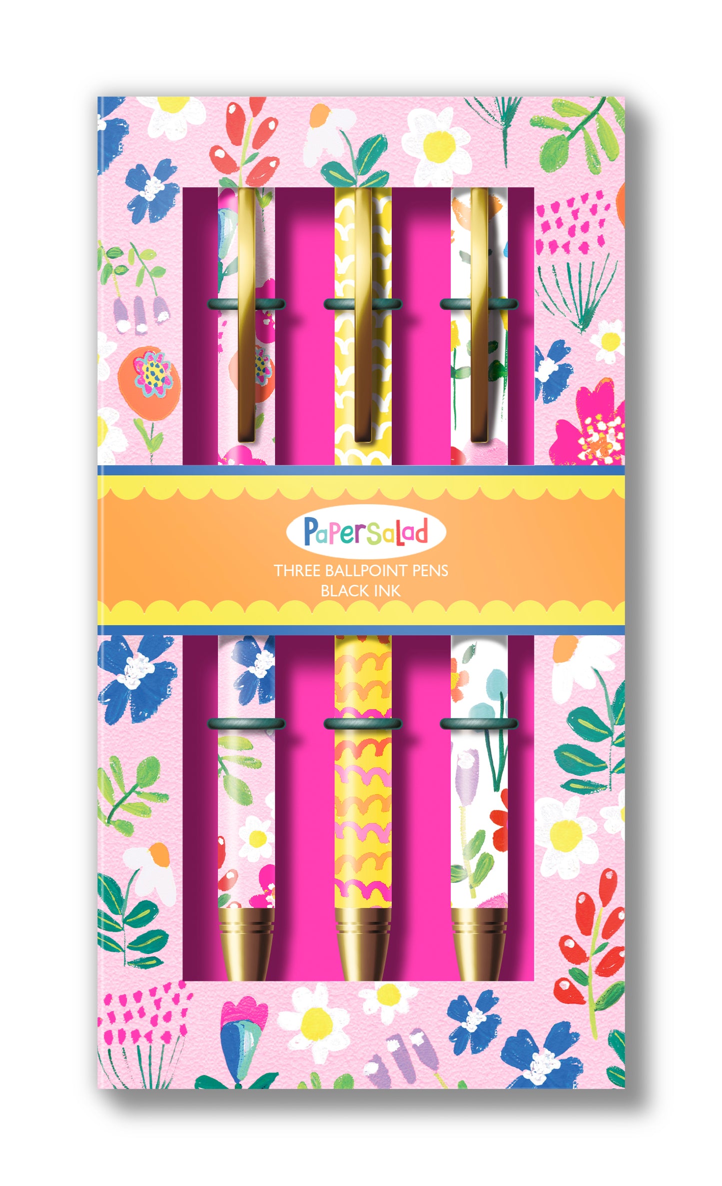 Paper Salad Ballpoint Pen Set – 3 Black Ink Pens in Floral Gift Box