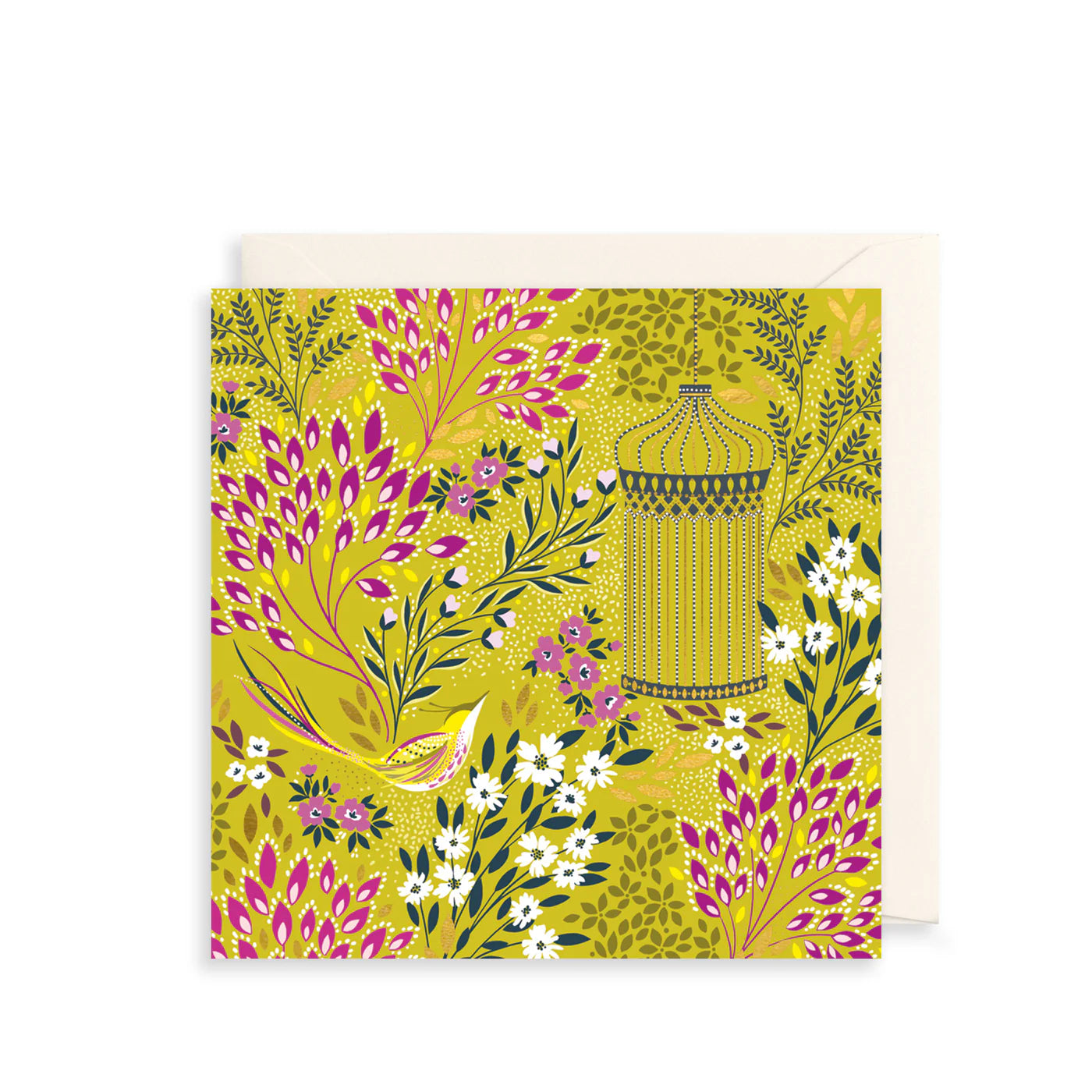 Chartreuse Floral and Birds Card