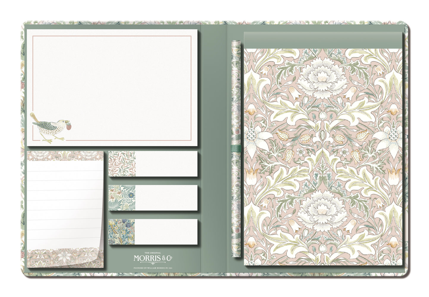 Morris & Co. Stationery Gift Set – A5 Notepad, 5 Sticky Note Pads & Pencil | Botanical Print