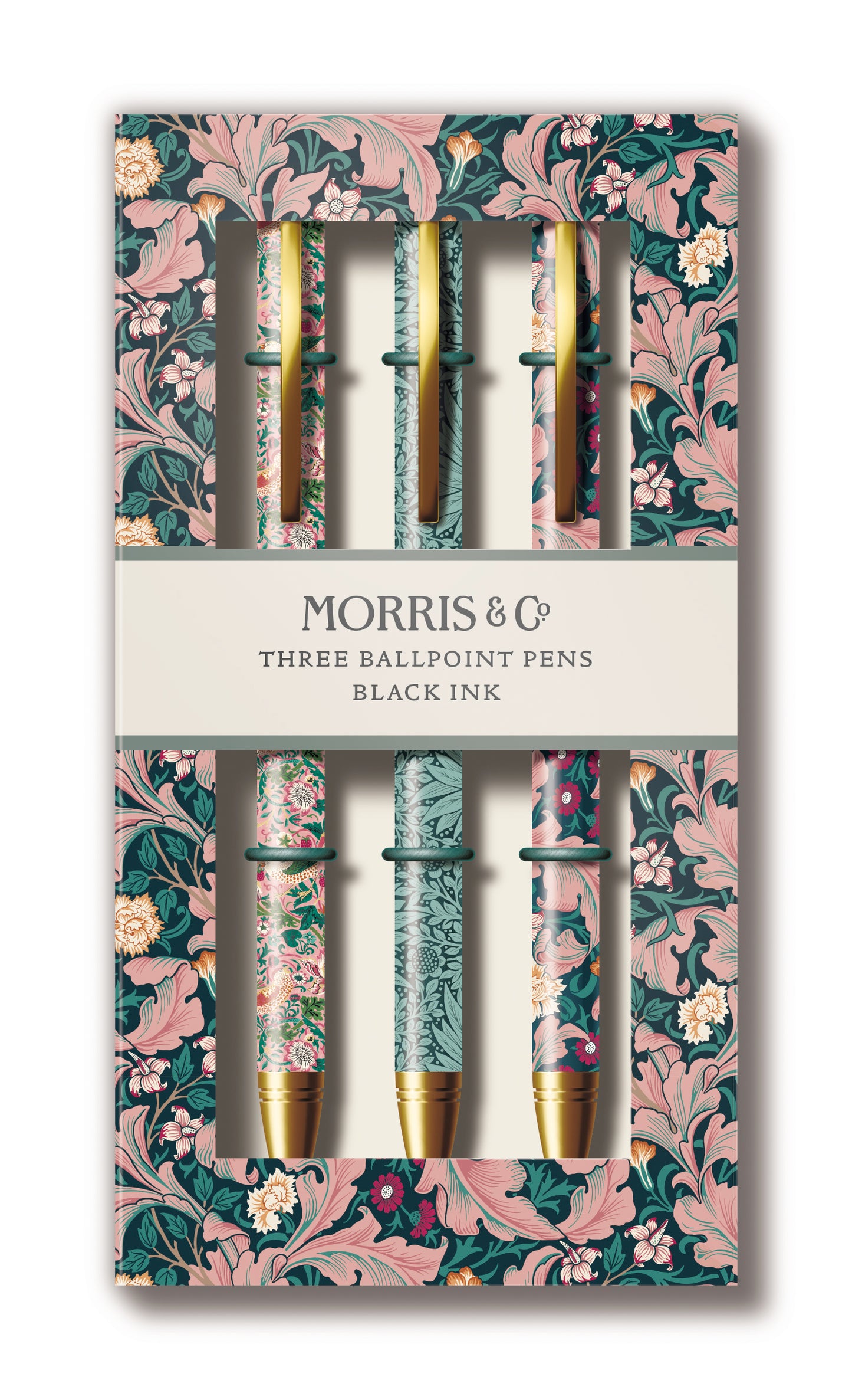 Morris & Co. Ballpoint Pen Set – 3 Black Ink Pens with Classic Floral Designs | Gift Boxed