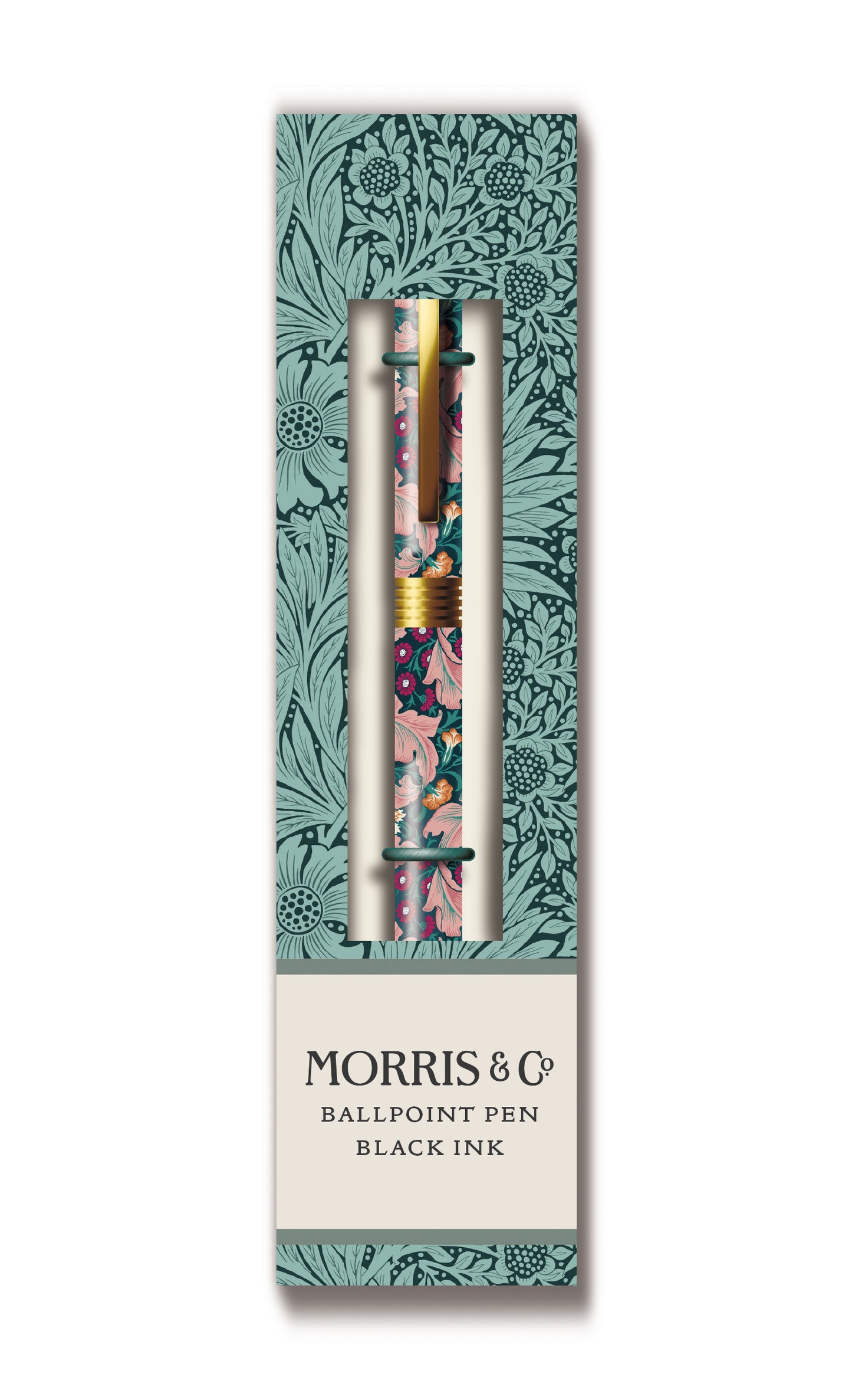 Morris & Co. Ballpoint Pen – Black Ink Pen in Gift Box | Pink & Teal Floral Design