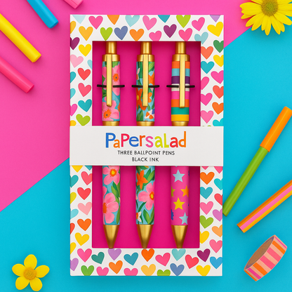 Paper Salad Ballpoint Pen Set – 3 Black Ink Pens with Colourful Floral & Star Designs | Gift-Boxed