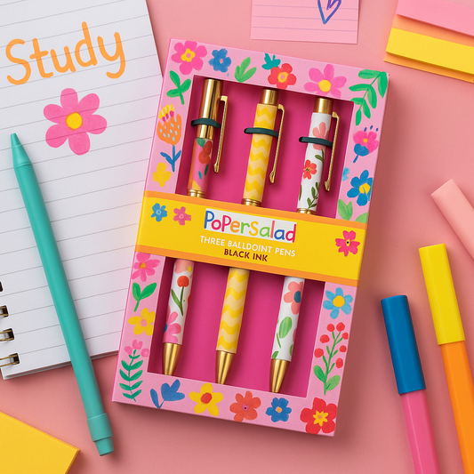 Paper Salad Ballpoint Pen Set – 3 Black Ink Pens in Floral Gift Box