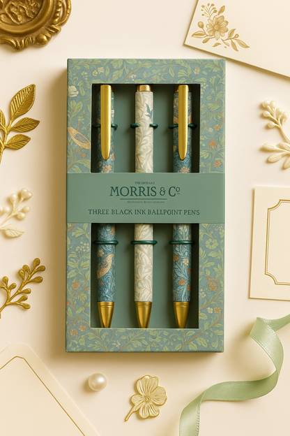 Morris & Co. Ballpoint Pen Set – 3 Black Ink Pens with Vintage Floral Designs | Gift Boxed