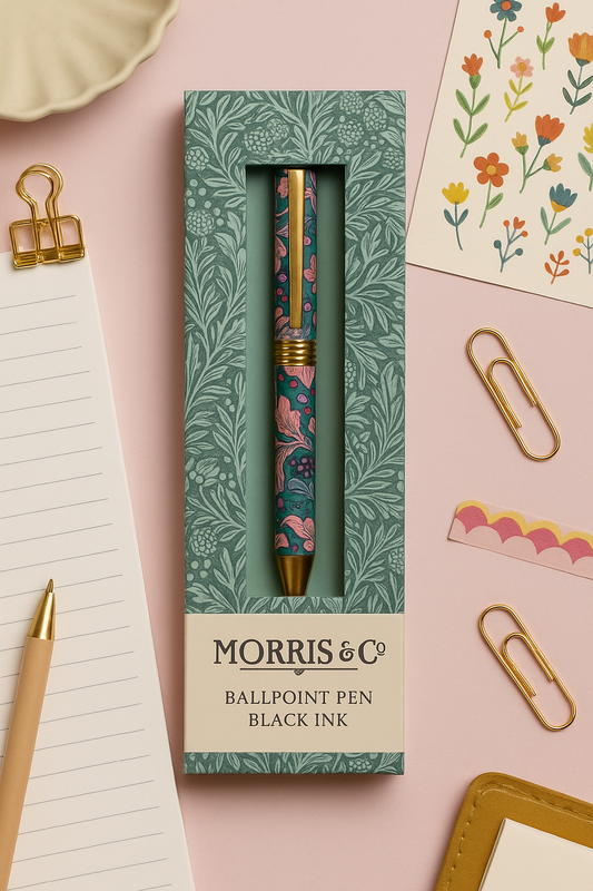 Morris & Co. Ballpoint Pen – Black Ink Pen in Gift Box | Pink & Teal Floral Design