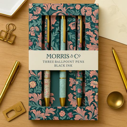 Morris & Co. Ballpoint Pen Set – 3 Black Ink Pens with Classic Floral Designs | Gift Boxed