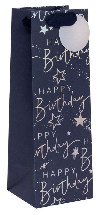 Gift Bag Bottle XL Blue Happy Birthday with Gift Tag