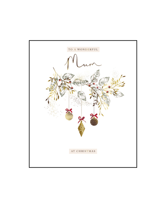 Card Gold Baubles on Pencil Leaf Branch Mum