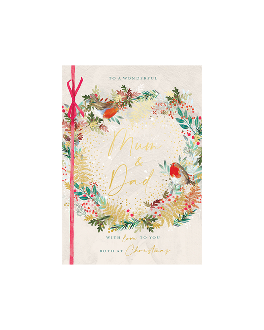 Card Robins And Wreath Mum & Dad