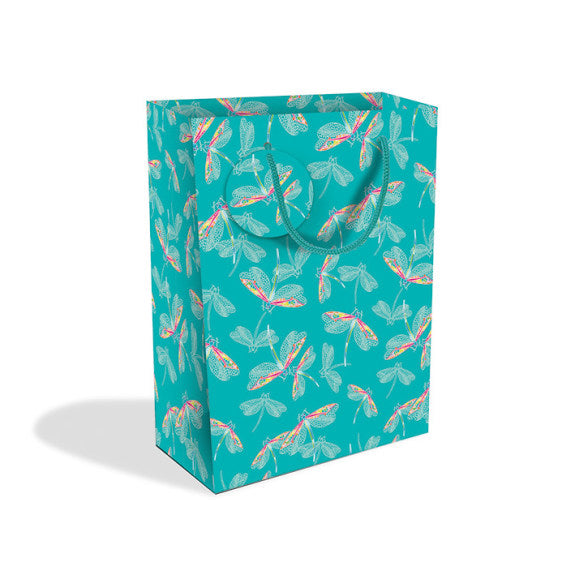 Large Gift Bag Dragonflies Aqua with Gift Tag